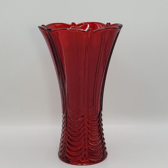 High 9.5in Embossed Flared Glass Vase Art Deco Style Design Red - Picture 10 of 10